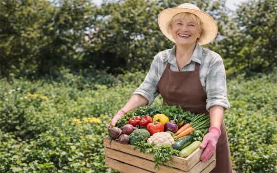 A grower carrying a crate of freshly picked vegetables through a field