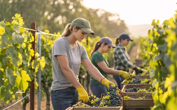 Growers harvesting grapes into wooden crates at sunrise