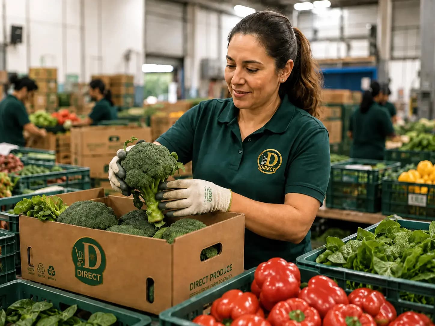 A Direct depot worker grading broccoli into a branded produce box