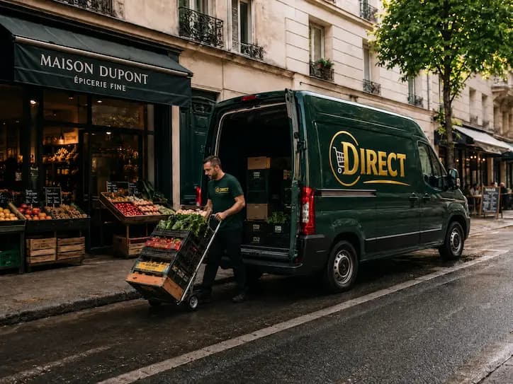 A Direct team member outside an international food centre with a branded delivery van