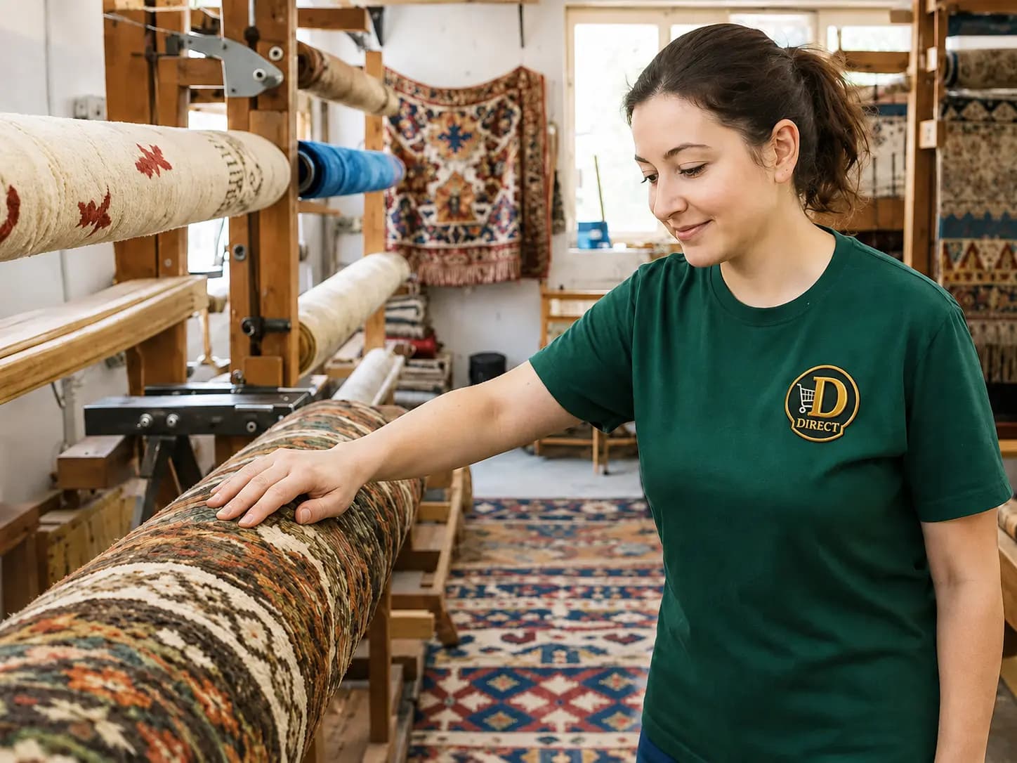 A Direct team member inspecting a rug on a traditional loom
