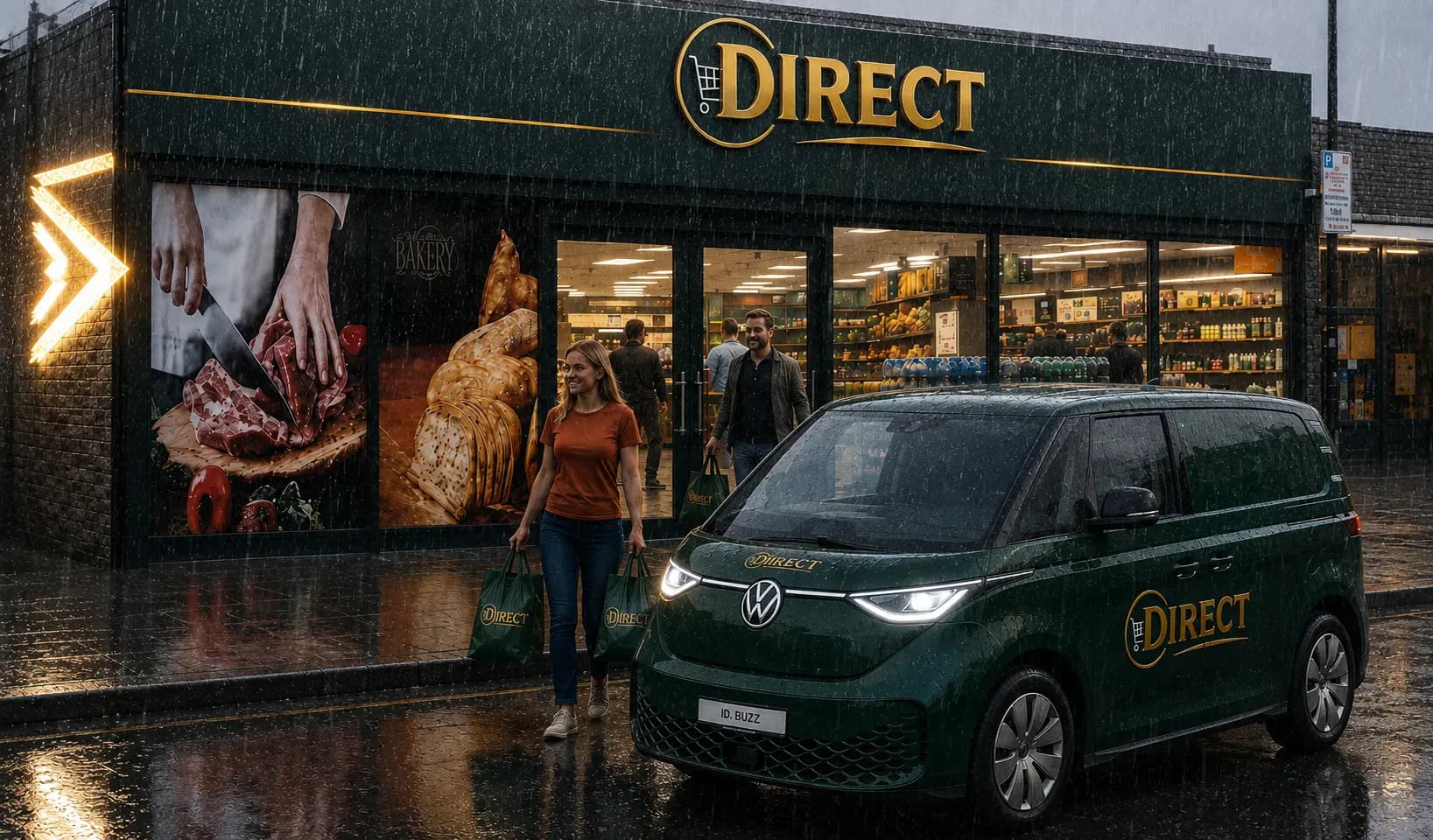 A branded Direct van unloading crates outside an independent grocer