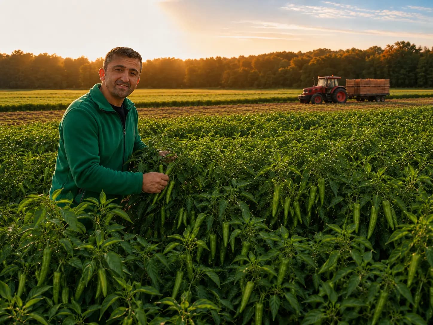 Workers hand-cutting a field crop at sunset