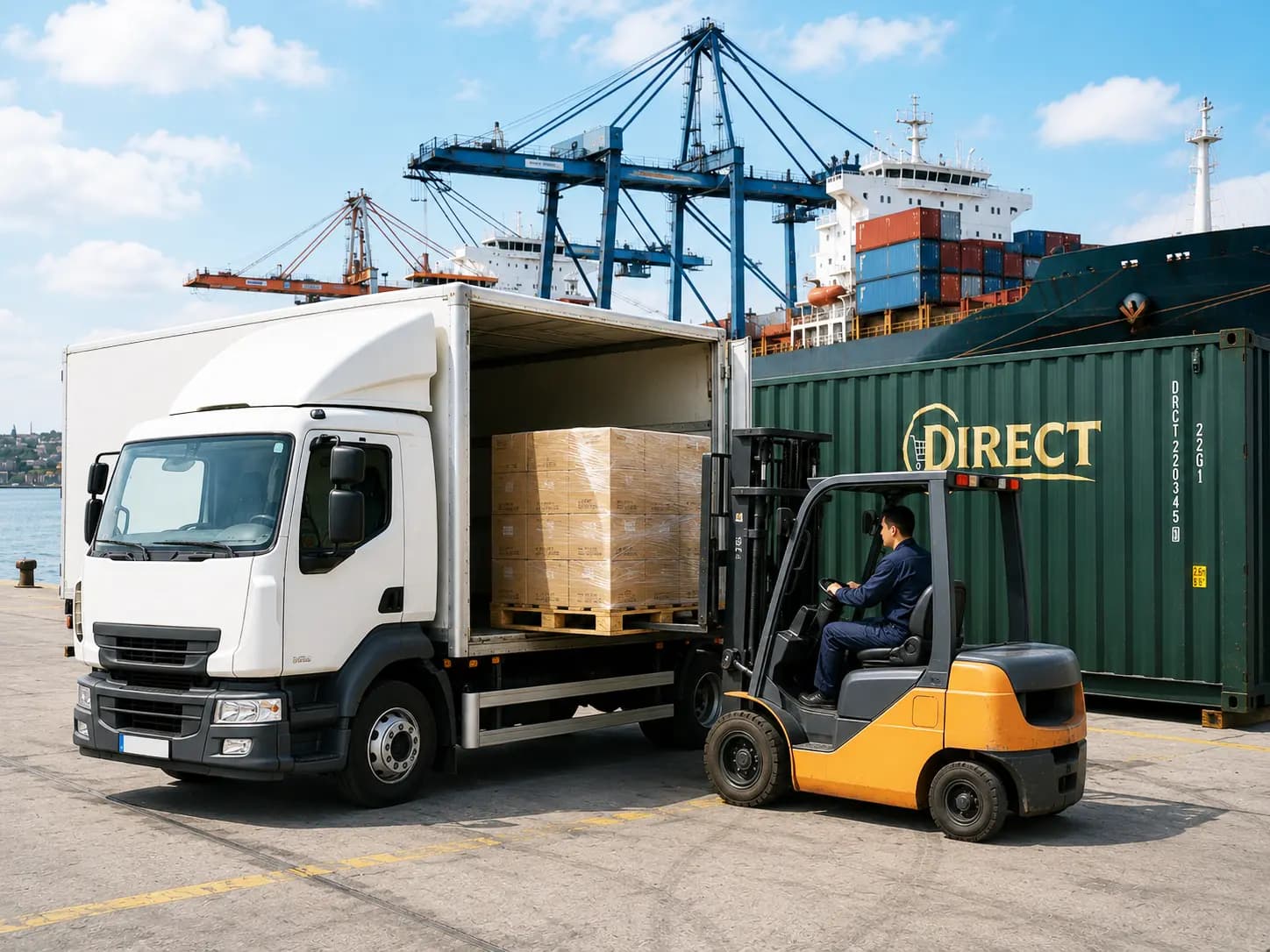 A Direct freight lorry loading beside shipping containers at a UK port