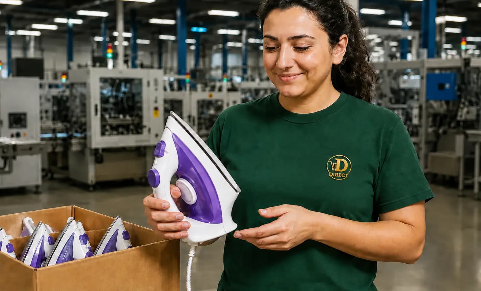 A Direct team member inspecting a finished iron at an appliance factory