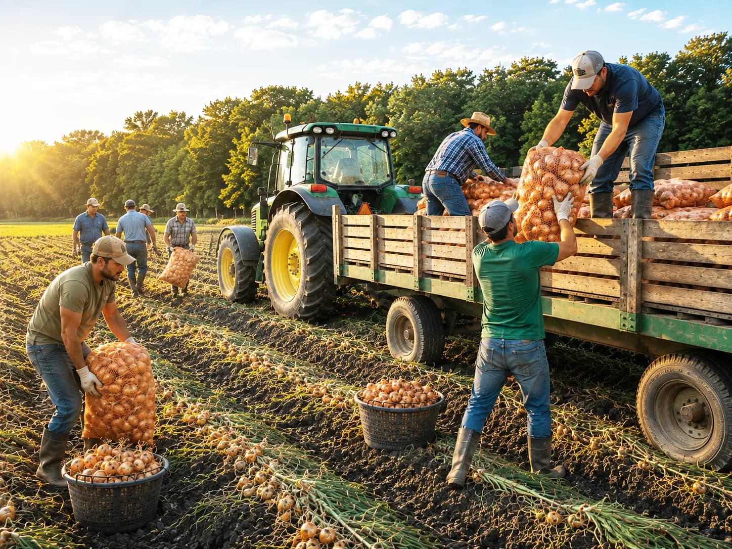 A team harvesting grapes into wooden crates at sunrise