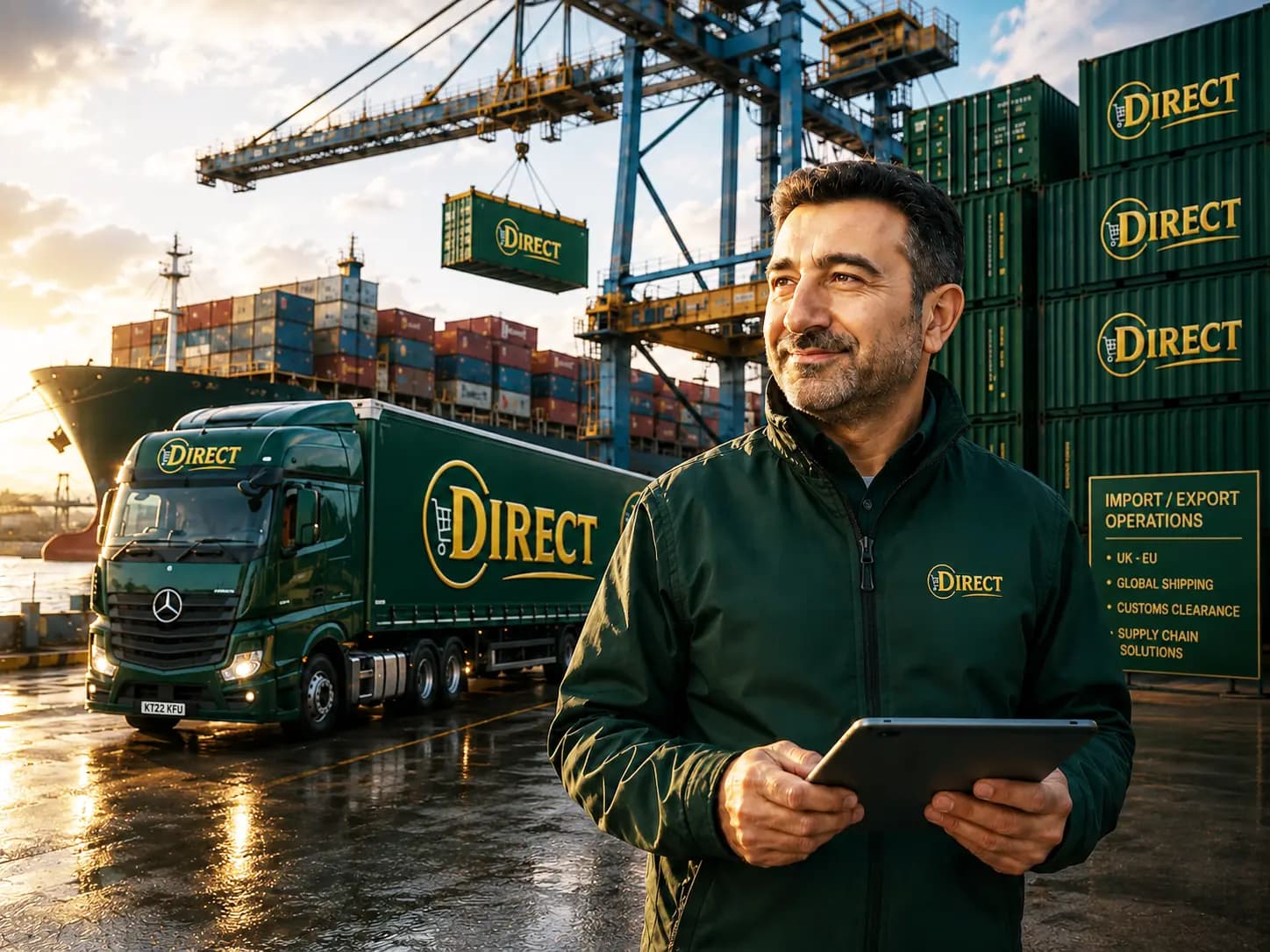A Direct freight lorry beside Direct containers at a UK port
